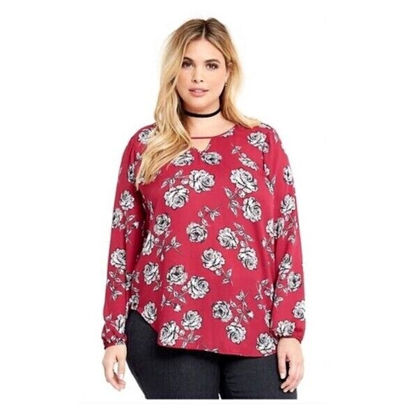 Torrid Georgette Keyhole Pullover Burgundy Floral Blouse Size 0 - Picture 1 of 13
